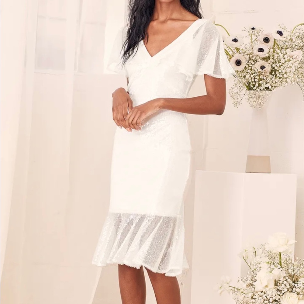Lulu’s XL Maximum Sparkle White Sequin Flutter Sleeve Midi Dress